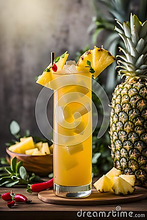 tropical feel pineapple mocktail with raspberry and mint accents Stock Photo