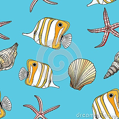 Tropical fish, seashell and starfish vector seamless pattern. Hand drawn underwater illustration. Copperband butterflyfish on blue Vector Illustration