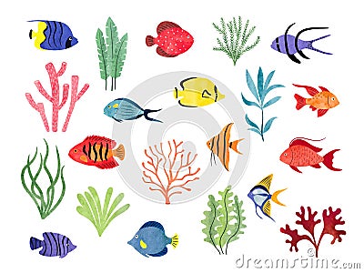 Tropical fish and seaweeds isolated on white. Big vector aquarium set Vector Illustration