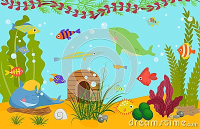 Tropical fishes underwater world wildlife sea, ocean, marine, aquarium vector illustration. Colorful funny cartoon Vector Illustration