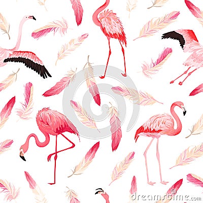 Tropical Flamingo seamless vector summer pattern with pink feathers. Exotic Pink Bird background for wallpapers web page Vector Illustration