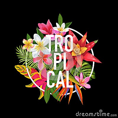 Tropical Floral Design for T-shirt, Fabric Print. Exotic Plumeria Flowers Poster, Background, Banner. Beach Vacation Vector Illustration