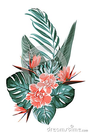 Tropical floral greenery wedding bouquet composition. Bunch of bright pink red camelia bird of paradise flowers. Vector Illustration