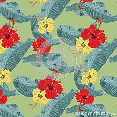 Tropical floral and leaves seamless pattern background with exotic Hibiscus and bannana leaves Vector Illustration