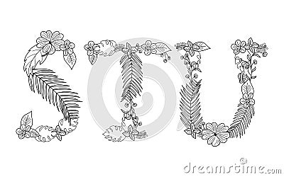 Tropical floral . Letter S,T,U Vector Illustration