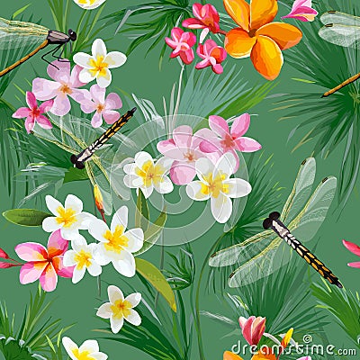 Tropical Floral Seamless Pattern with Dragonflies. Botanical Background with Palm Tree Leaves and Exotic Flowers Vector Illustration