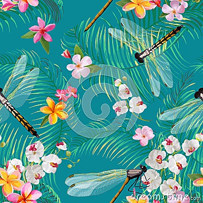 Tropical Floral Seamless Pattern with Dragonflies. Botanical Wildlife Background with Palm Tree Leaves and Exotic Flowers Vector Illustration