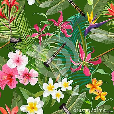 Tropical Floral Seamless Pattern with Dragonflies. Nature Background with Palm Tree Leaves and Exotic Flowers Vector Illustration