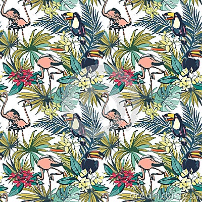 Tropical floral summer seamless pattern with palm beach leaves, Stock Photo