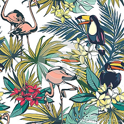 Tropical floral summer seamless pattern with palm beach leaves, Cartoon Illustration