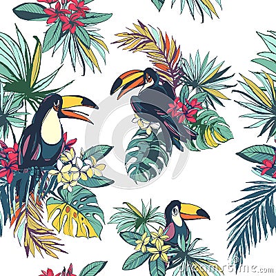 Tropical floral summer seamless pattern with palm beach leaves, Cartoon Illustration