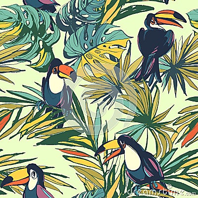 Tropical floral summer seamless pattern with palm beach leaves a Cartoon Illustration