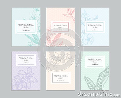 Tropical floral templates with hand drawn bunches of tropical flowers. Vector Illustration