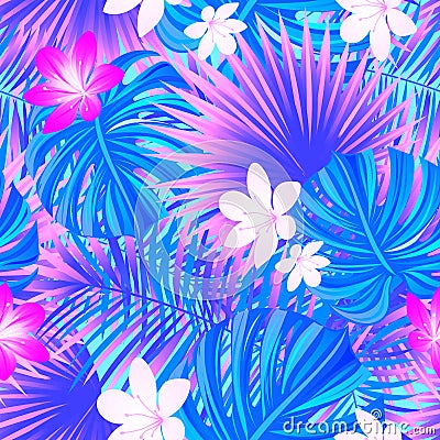 tropical floral vector seamless pattern. Amazon rainforest background in a trendy lilac, very peri, violet colors Vector Illustration