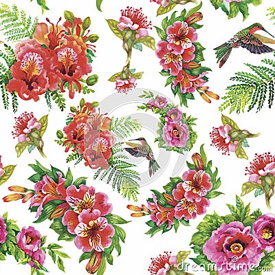 Tropical floral watercolor seamless pattern with colibris and flowers. Watercolor painting. Vector Illustration
