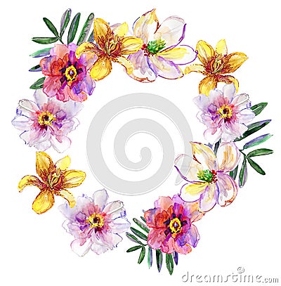 Tropical floral wreath bouquet, drawn in watercolor, isolated on white. Stock Photo