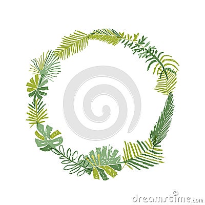 Tropical flower, circle greenery wreath Vector Illustration