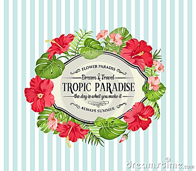 Tropical flower frame with place for invitation card text. Vector Illustration