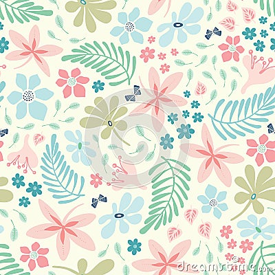 Tropical flower and leaf pattern design in pastel colours. Pretty vector tossed nature seamless repeat background. Vector Illustration