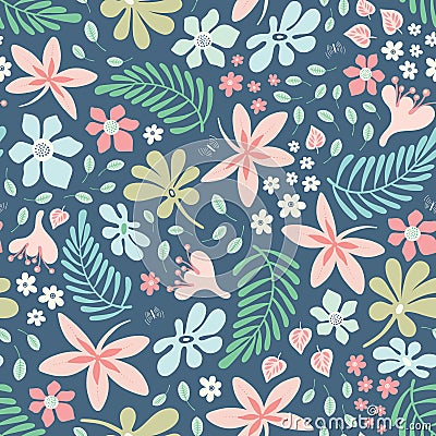 Tropical flower and leaf pattern design. Pretty vector tossed nature seamless repeat background. Vector Illustration