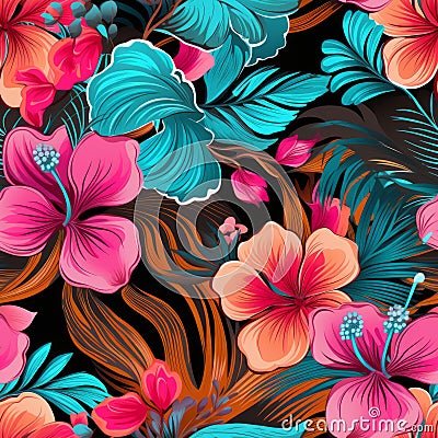 Tropical flower paradise vibrant seamless pattern with hibiscus, orchids, and frangipani Stock Photo