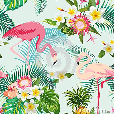 Tropical Flowers and Birds Background. Vintage Seamless Pattern. Vector Illustration