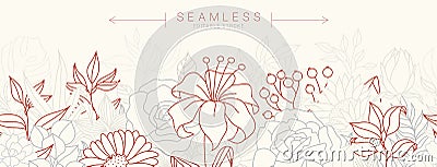 Tropical flowers border seamless pattern in sketch style Vector Illustration