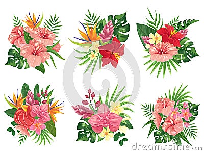 Tropical flowers bouquet. Exotic palm leaves, floral tropic bouquets and tropicals wedding invitation vector Vector Illustration