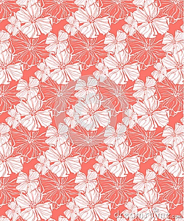 Tropical flowers in coral, seamless vector pattern for a fresh summer mood Vector Illustration