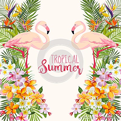 Tropical Flowers. Flamingo Bird. Tropical Background Vector Illustration