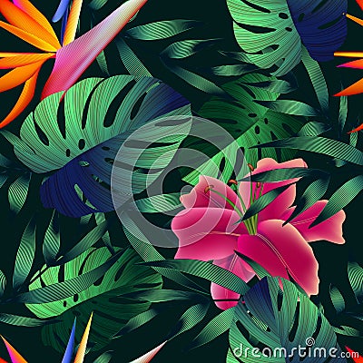 Tropical flowers, jungle leaves. Vector Illustration