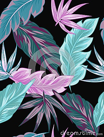 Tropical flowers, jungle leaves, bird of paradise flower. Vector Illustration