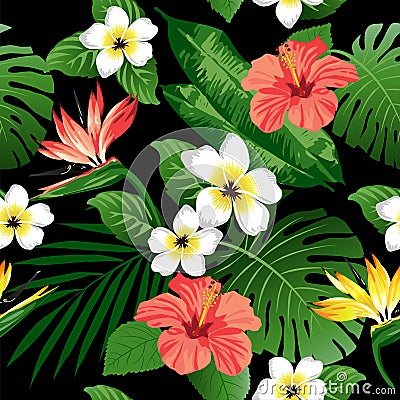 Tropical flowers and leaves on background. Vector Illustration