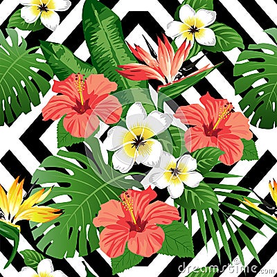 Tropical flowers and leaves on background. Vector Illustration