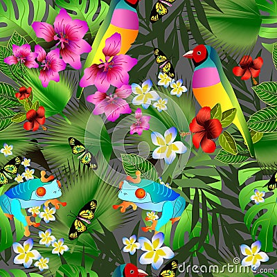 Tropical flowers and leaves and beautiful bird seamless pattern Vector Illustration