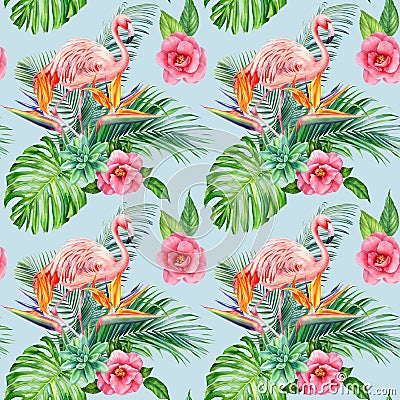 Tropical flowers, leaves and flamingos. Exotic flora, watercolor illustration seamless pattern, wallpaper Cartoon Illustration