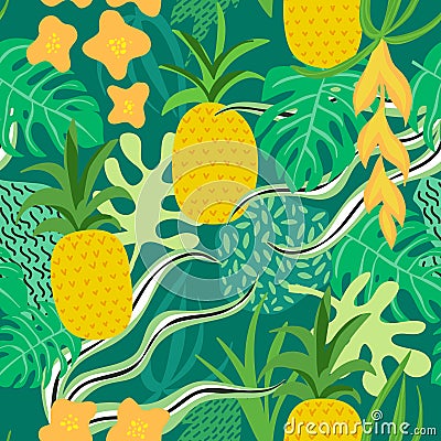 Tropical Flowers and Leaves Pattern. Pineapples Retro Background Vector Illustration