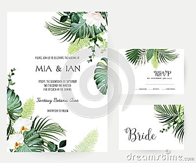 Tropical flowers and leaves vector design cards. White orchid, magnolia, dried fern Vector Illustration