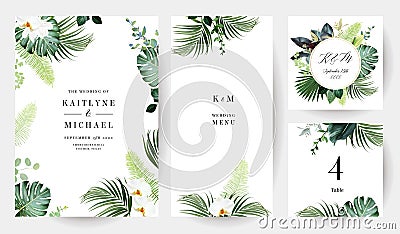 Tropical flowers and leaves vector design cards. White orchid, magnolia, dried fern, emerald monstera Vector Illustration