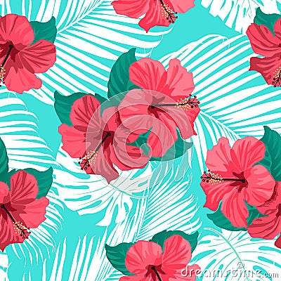 Tropical flowers and palm leaves on background. Seamless. Vector Illustration