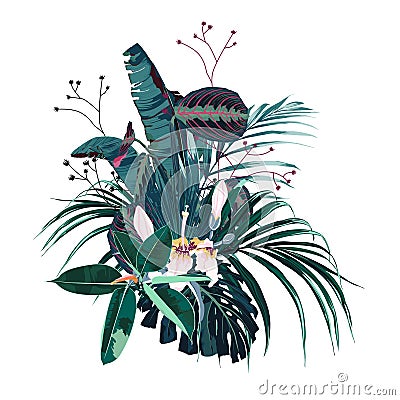 Tropical flowers, palm leaves, jungle leaf, exotic pink flower. Cartoon Illustration