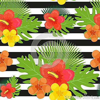 Tropical flowers, plants, leaves and black and white stripes seamless pattern. Endless summer floral background Vector Illustration