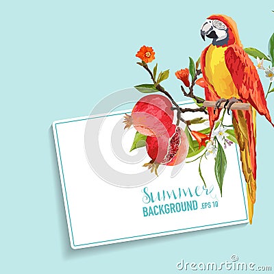 Tropical Flowers, Pomegranates and Parrot Bird Graphic Design Vector Illustration
