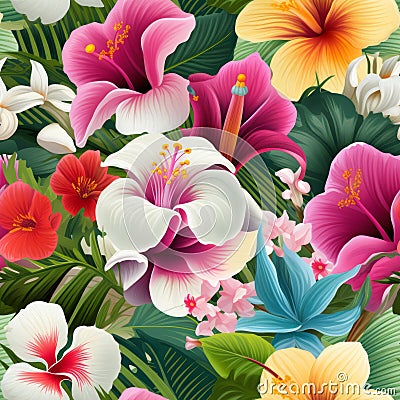 Tropical flowers seamless pattern with hibiscus, orchids, and frangipani in bold contrasting colors Stock Photo