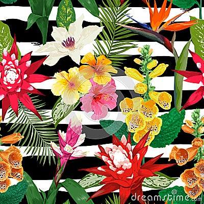 Tropical Flowers Seamless Pattern. Summer Floral Background with Tiger Lily Flower and Hibiskus. Blooming Design Vector Illustration