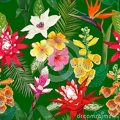 Tropical Flowers Seamless Pattern. Summer Floral Background with Tiger Lily Flower and Hibiskus. Blooming Design Vector Illustration
