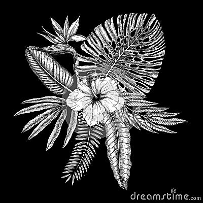 Tropical flowers vector composition. Vintage bouquet of exotic flowers and palm leaves isolated on white. Tropical wedding card or Vector Illustration