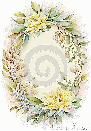 Tropical flowers wreath artistic leaves. Leaves minimalistic invitation invitation. AI generative Stock Photo