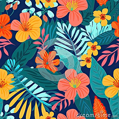 tropical foliage, and vibrant fruit motifs pattern Stock Photo