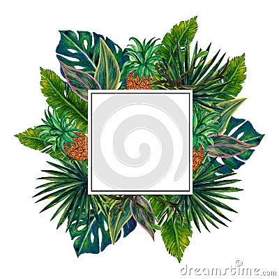 Tropical Forest Blooming Trees Jungle with Exotic leaf palm monstera banana pineapple layout Stock Photo